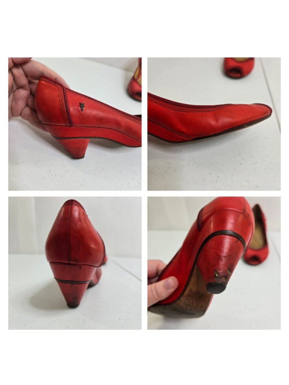 Frye Red Ada Pump Peep Toe 7.5 Low Heel Pumps Heels Bright Y2K Leather - Picture 4 of 9
